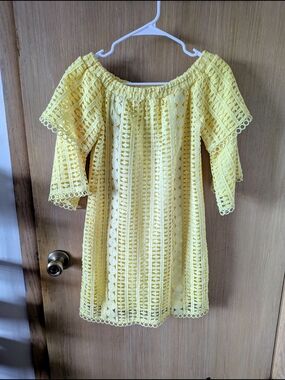 Pink Lily Yellow Crochet Off-Shoulder Dress